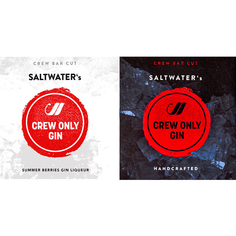zwei Etiketten von Saltwaters Crew only Gin
